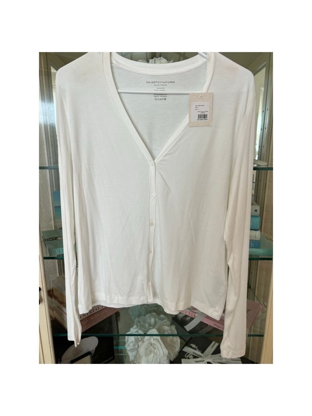 New Majestic Filatures White Soft Touch V-Neck Cardigan Size 4-L